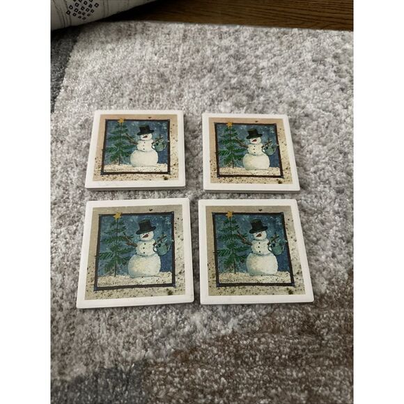 Set of‎ 4 Art Absorbent the Absorbent Coaster Stone Snowmen & Tree Made in USA - Picture 1 of 2